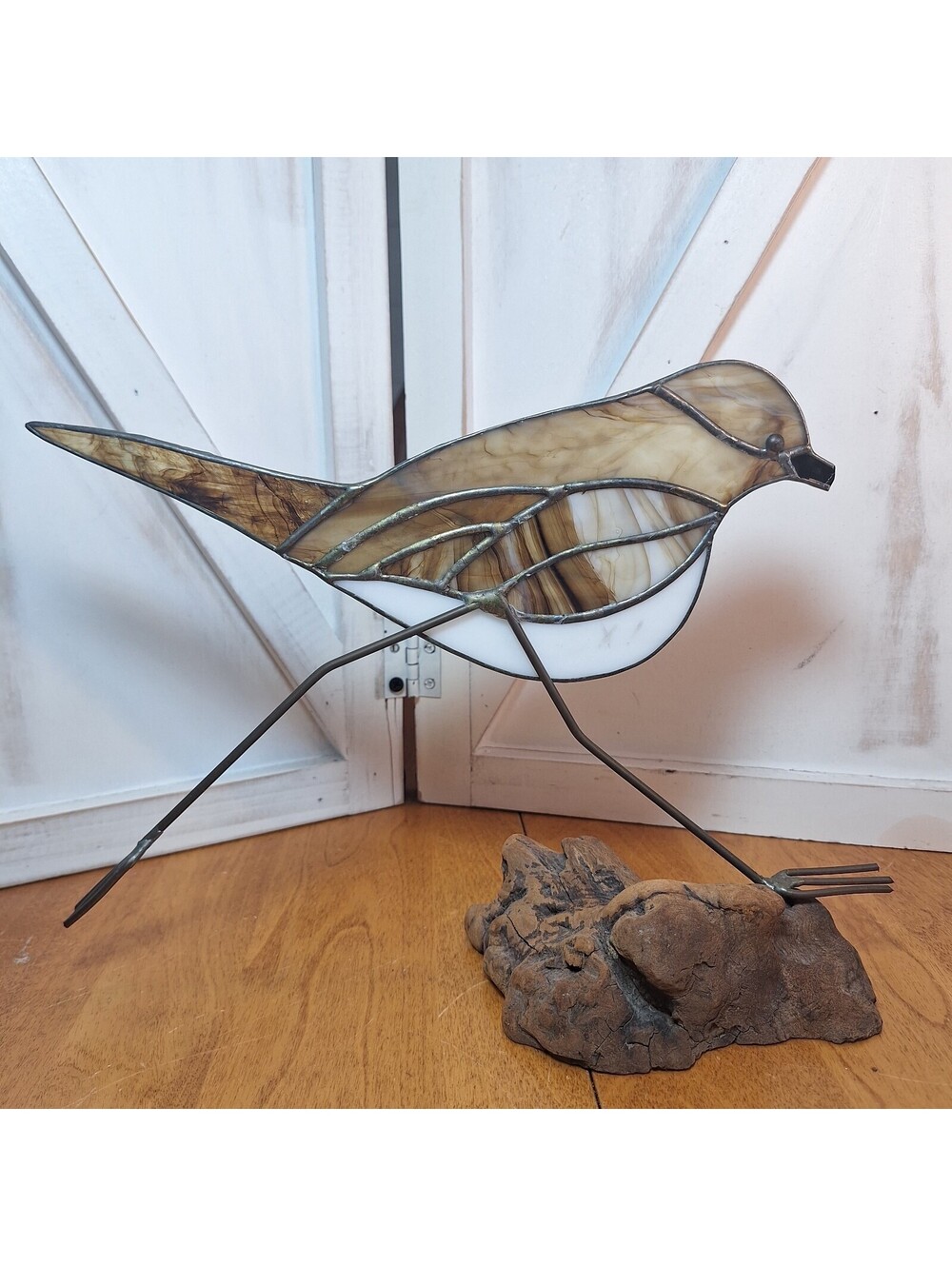 Vintage Stained Glass Sandpiper Sea Bird Standing on Driftwood 8"H X 11"W X3.5"D